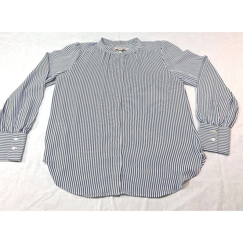 LOFT Business Travel Preppy Navy Striped Long Sleeve Split Neck Blouse S